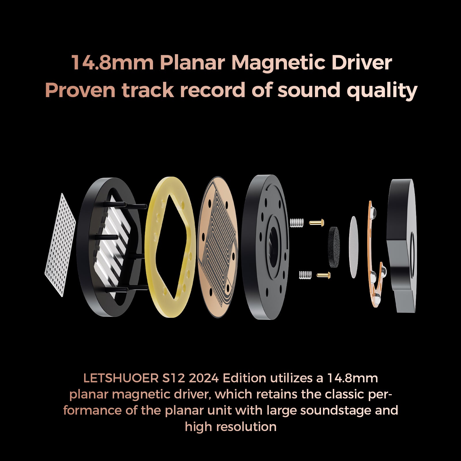 Letshuoer S12 2024 Edition 14.8mm Planar Magnetic Driver in Ear Monitor Earphone HiFi IEM Wired Earbuds Planar Headphones with Detachable 2pin Silver Plated Cable for Musicians Audiophiles Studio